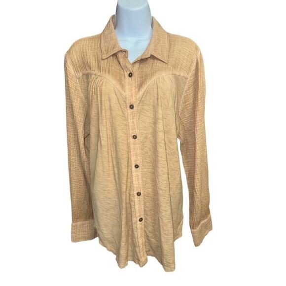Reba Large Top Twine Beige Tan Button Up Lightweight Cotton Unique Long Sleeves - Picture 1 of 4